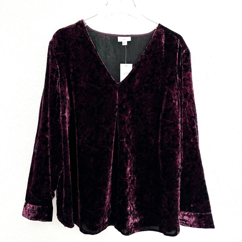 J. Jill Velvet Paisley Print Top Women 2X Purple V-Neck Long Sleeve Boho New